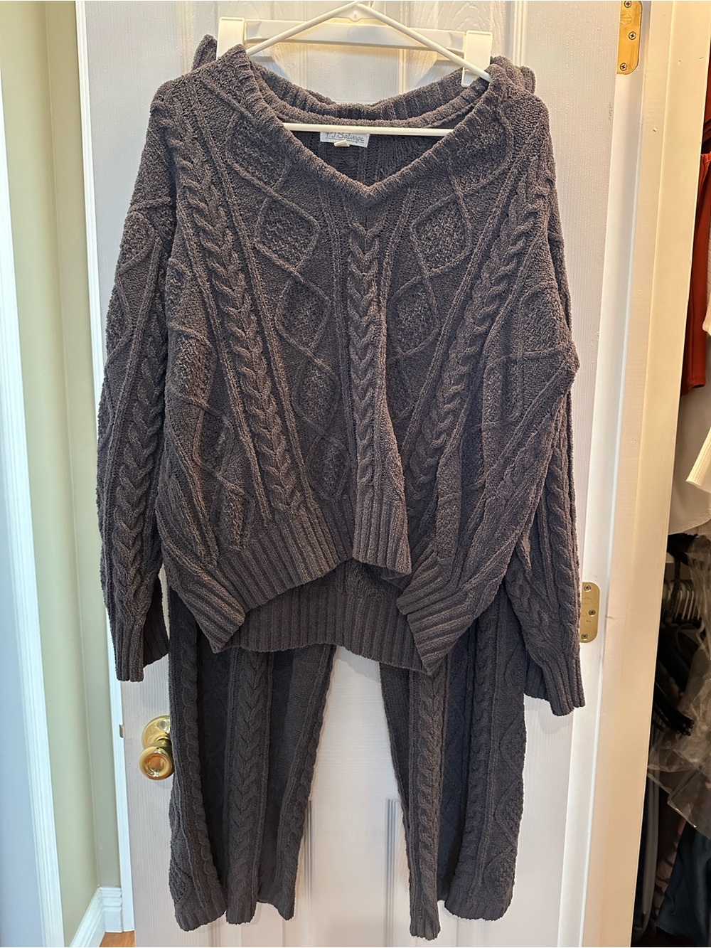 PJ Salvage Gray Chenille Cable V-Neck Sweater and Open Leg Pants